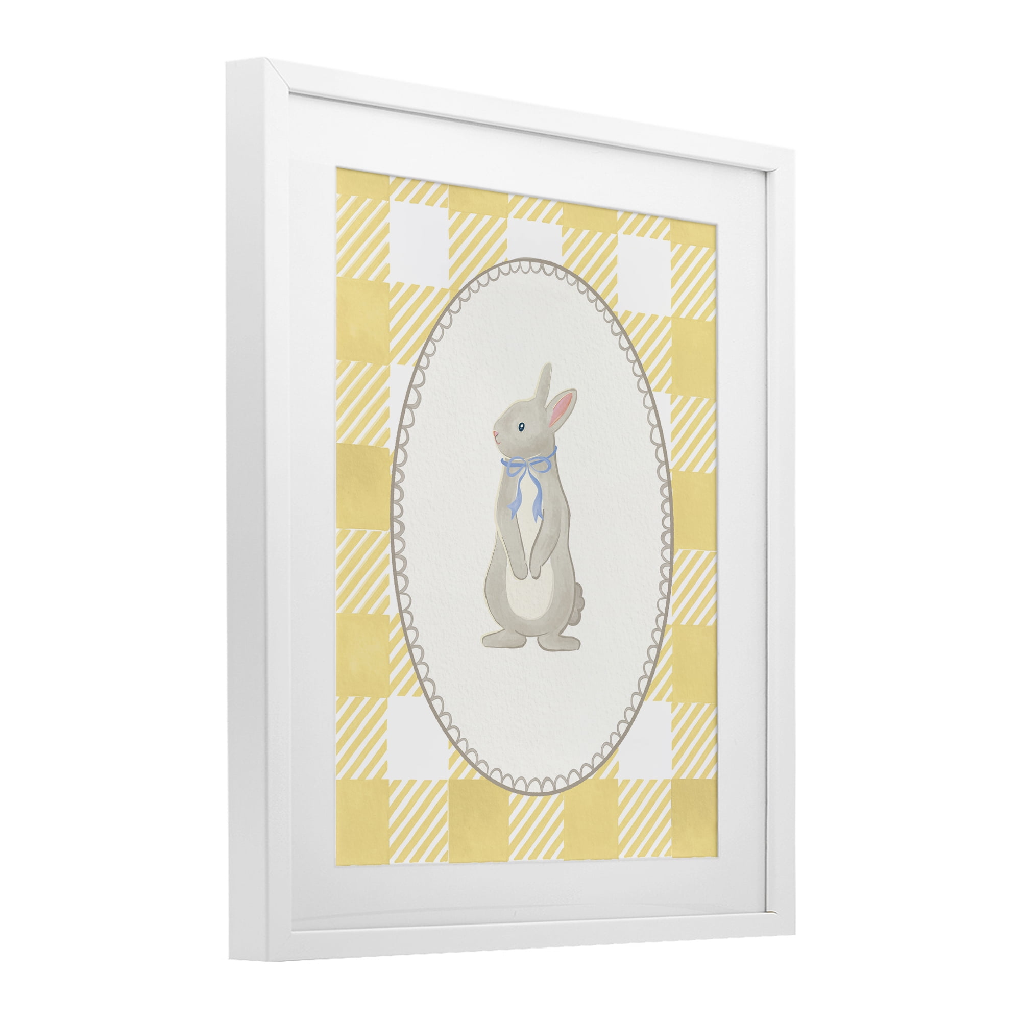 Stupell Industries Little Bunny on Yellow Gingham White Framed Print Under Glass, design by The Paper Curator