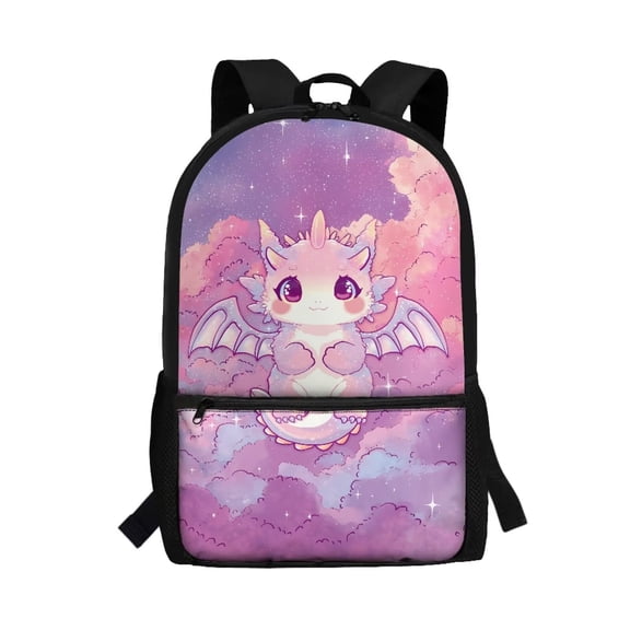 Binienty Cute Pink Purple Dragon Kids School Backpack, Large Capacity Bookbag with Built-in Laptop Sleeve, Front Utility Pocket & Side Mesh Pockets for Elementary Middle School Students Travel Use