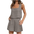 thumbnail image 1 of Womens 2 Piece Outfits Linen Square Neck Crop Tops Short Set 2023 Lounge Matching Sets Trendy Clothes Beach Summer, 1 of 8