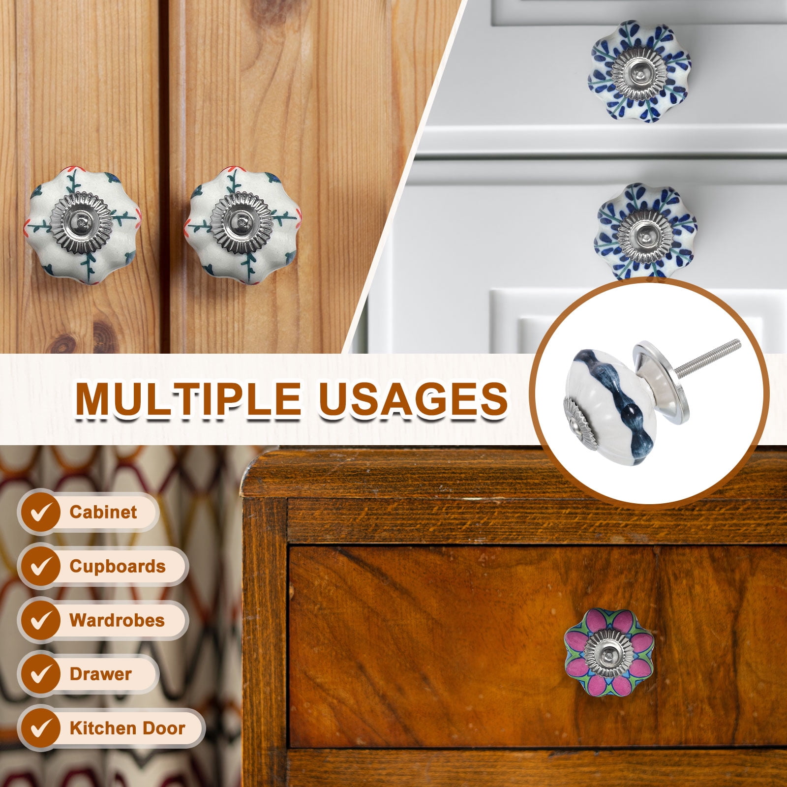 Uxcell 6 Pack Floral Ceramic Pull Knobs, Vintage Round Cabinet Knobs, Blue Flower Ceramic Knobs for Kitchen Cabinet
