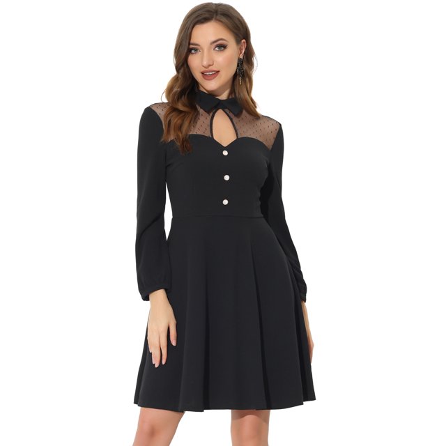 Vestido a media pierna con decoración de botones y cuello de punto con panel de malla para mujer Negro L