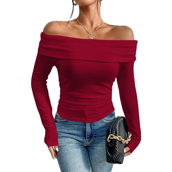 Womens Casual Tops Crewneck Red Long Sleeve Tshirt for Womens Basic Tops Fall Womens Tops