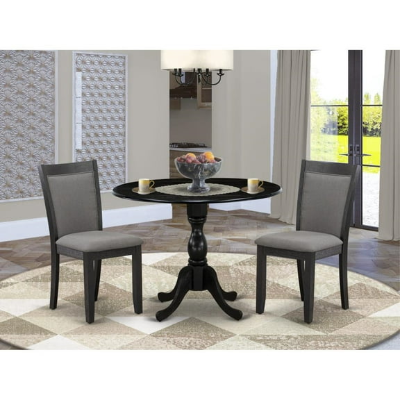 East West Furniture 3-Pc Dinette Set Includes a Wood Dining Table with Drop Leaves and 2 Dark Gotham Grey Linen Fabric Kitchen Chairs - Wire Brushed Black Finish