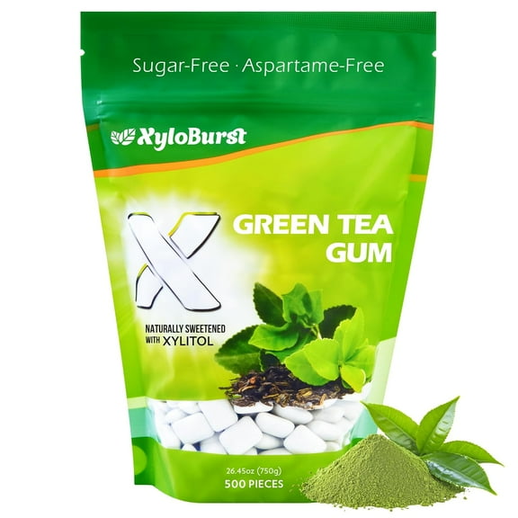 XyloBurst Gum | Xylitol Chewing Gum | Sugar Free, Gluten Free, Keto Friendly | Aspartame Free Gum For Oral Health | Green Tea | 500-Count Bag