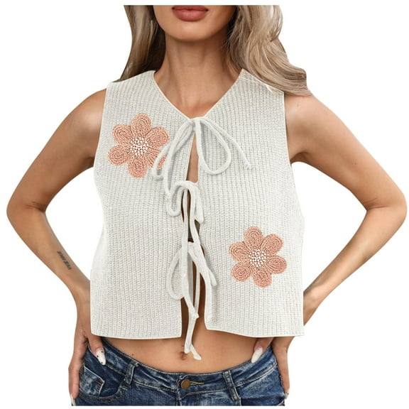 Women’s Sleeveless Tie Front Knit Sweater Vest Embroidered Floral Casual Versatile Loose Sweater Tops