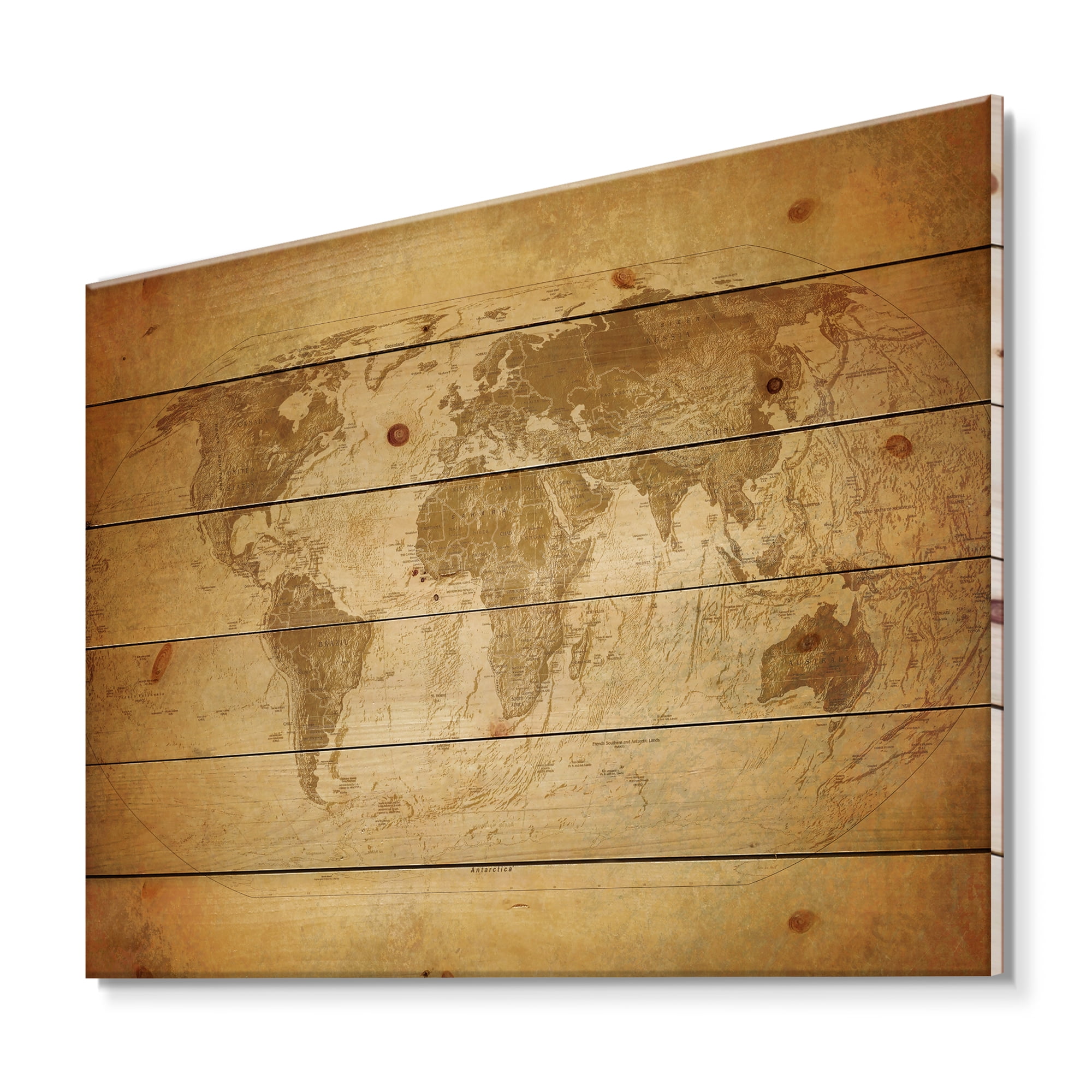 Designart 'Ancient World Map X' Vintage Print on Natural Pine Wood