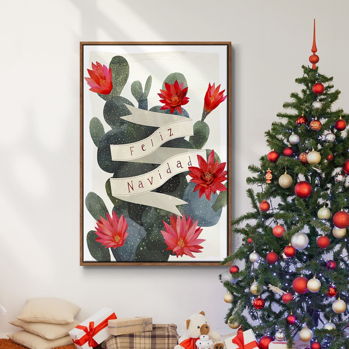 Desert Christmas Cactus I - Framed Gallery Wrapped Holiday Canvas - 25 x 37 - Rosewood Frame