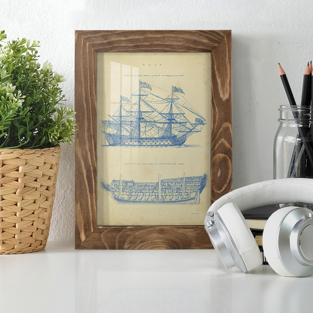 Vintage Ship Blueprint -Framed Print w/glass-Walnut