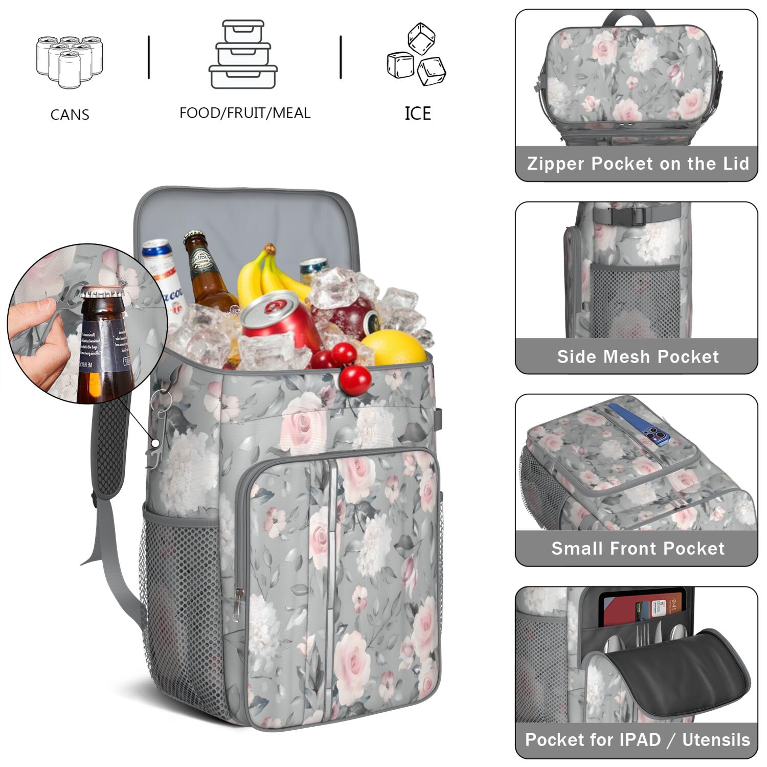 Travel Cooler Bag - Pioneer Flower Floral Print Pattern Camping Beer Cooler Backpack with Bottle Opener- Waterproof Insulated Picnic Backpacks - Cooler Bag for Beach