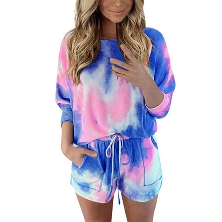 

wofedyo pajamas for women Womens Tie-dye Long Sleeve Pajama Set Night Lounge Top Short Sleepwear pajamas for women