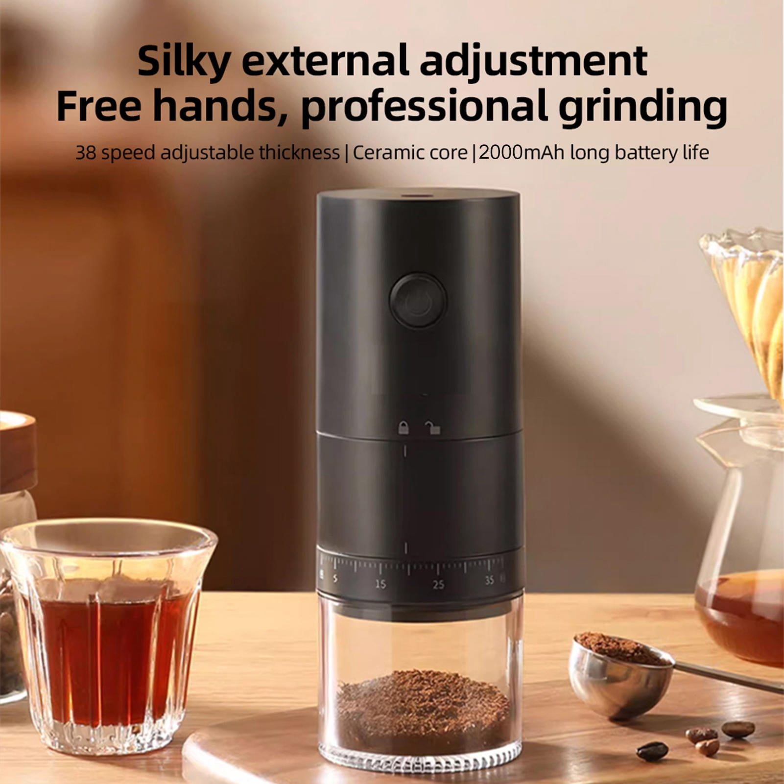 Yajisi Upgraded Portable Electric Burr Coffee Grinder Ceramic Blade USB Rechargeable Black (4.33 inches / 11.0 cm)