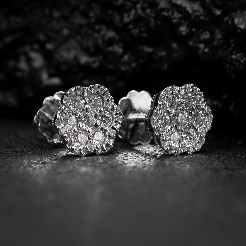 Round White Gold Plated 925 Sterling Silver 0.76Ct Earring Natural VVS D Color Moissanite Small Flower Cluster Circle Screw Back Stud Earrings For Men And Women