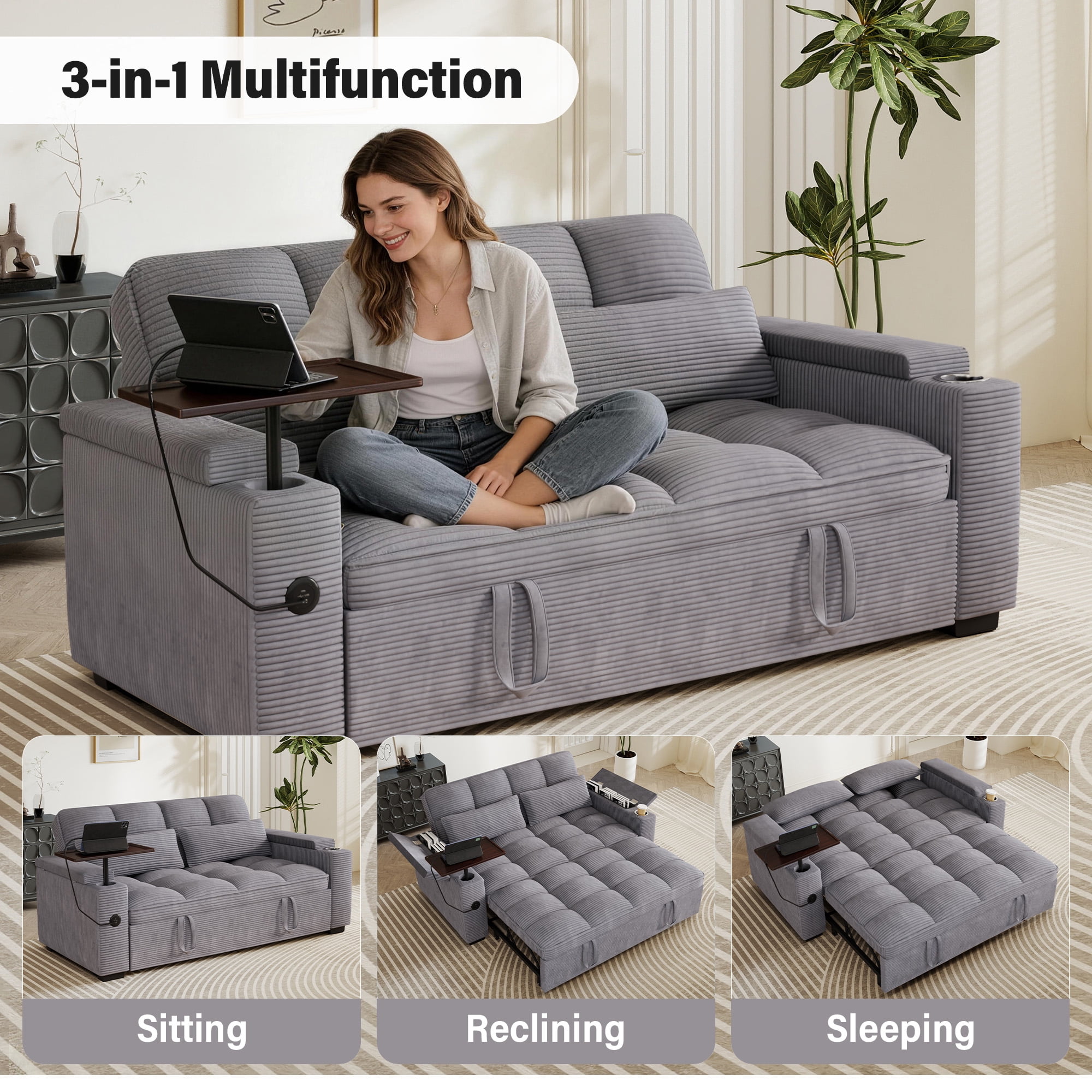 Aukfa 65"W Convertible Sofa Bed with Storage, 3-in-1 Corduroy Queen Sleeper Sofa Couch with 360° Swivel Side Table & USB /Type-C Ports,Gray