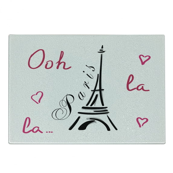 Ooh La La Cutting Board, Eiffel Tower Doodle with Heart Motifs and Lettering Paris French Theme, Decorative Tempered Glass Cutting and Serving Board, in 3 Sizes, by Ambesonne