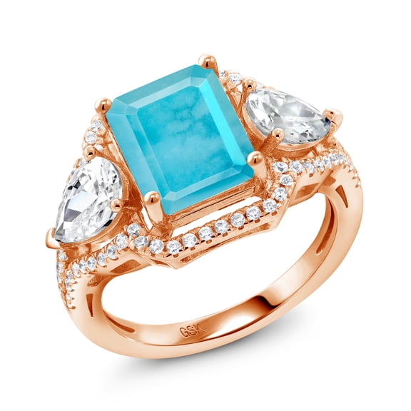 Gem Stone King 18K Rose Gold Plated Silver Green Turquoise Ring for Women (3.09 Cttw, Emerald Cut 10X8MM, Gemstone, Size 5)