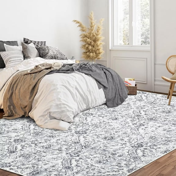 GlowSol 9' x 12' Large Vintage Medallion Area Rugs Washable Floral Rug Soft Low Pile Non-Slip Area Rugs for Living Room Bedroom, Gray Beige
