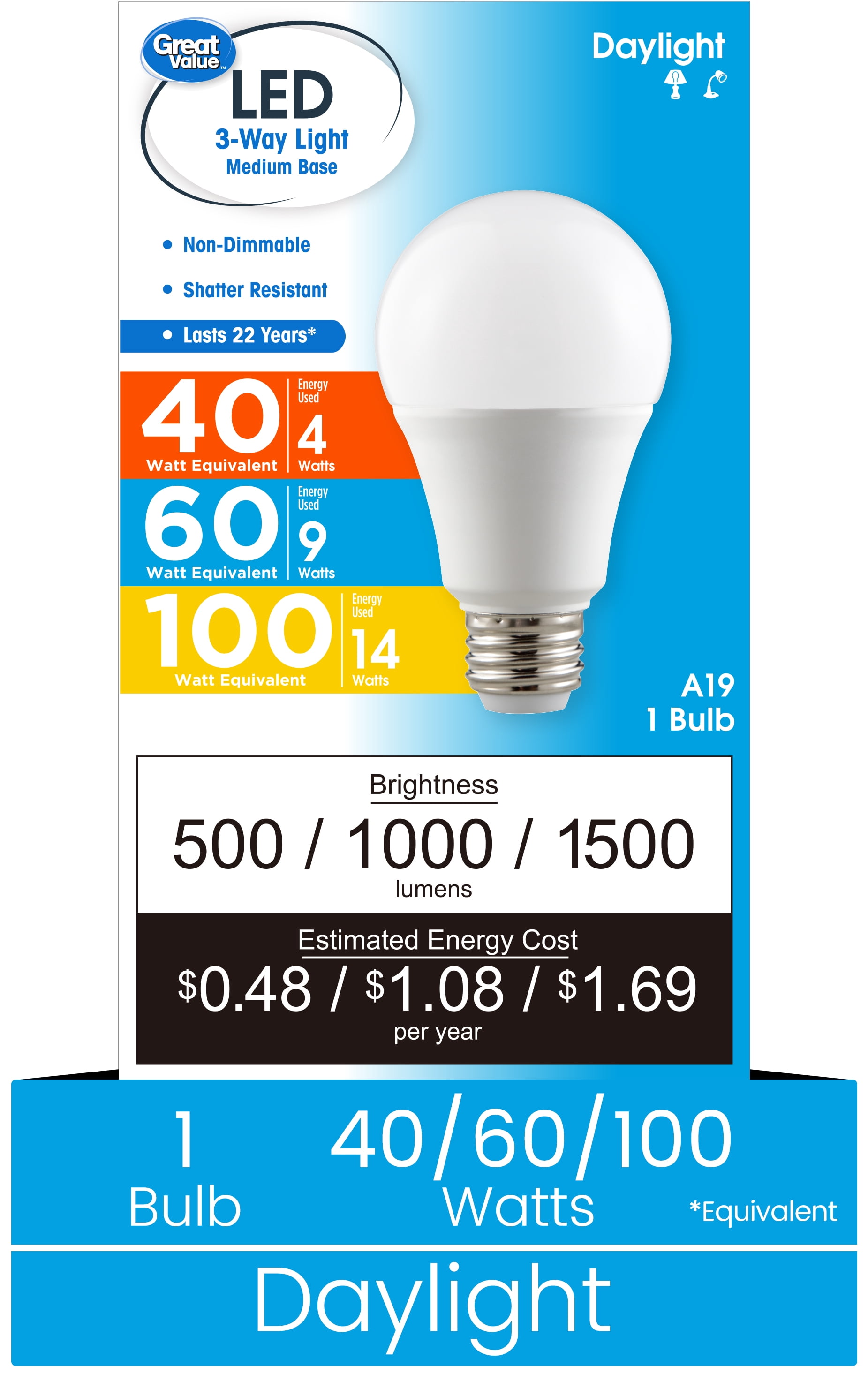 (4 pack) Great Value 3-Way A19 LED Light Bulb, 40/60/100 Watts Tunable, Daylight, E26 Medium Base (1 Pack)