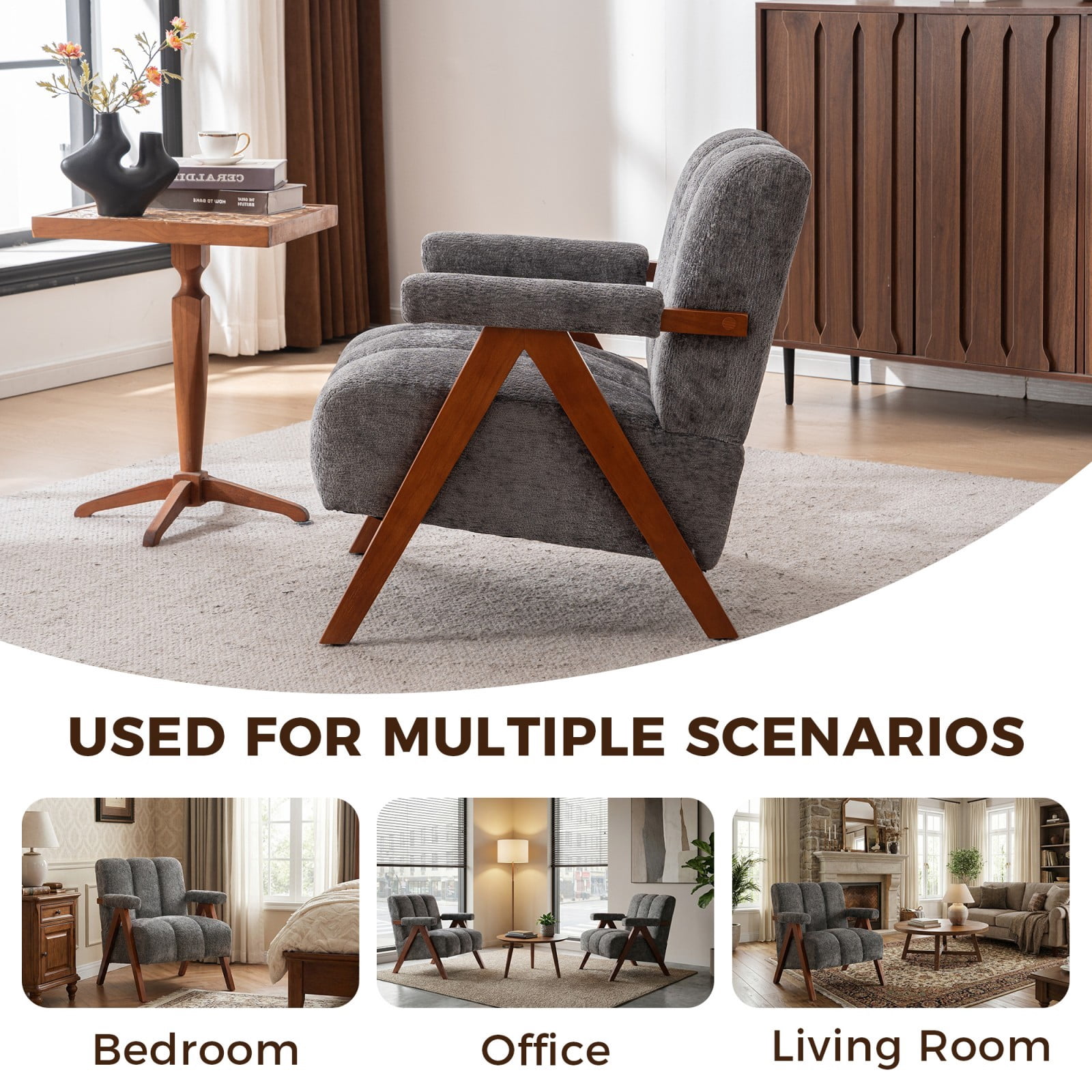 Mid-Century Modern Accent Chair Set of 2, Cloud-Shaped Chenille Lounge Armchair with Solid Oak Wood Frame, Upholstered Reading Chair for Living Room Bedroom Balcony, Gray