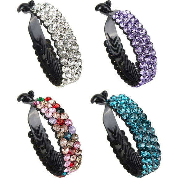 4 Pack Very Big Rhinestone Gem Jeweled Glitter Sparkly Plastic Banana Round Hair Clips Jaw Claws Barrettes Grips Clamps Ponytail Bun Chignon Twist Holder Hair Up Fancy Accessories for Women Girl
