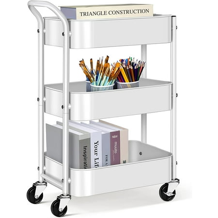 MISSLO 3 Tier Rolling Cart Under Desk Metal Utility Cart with Lockable Wheels & Handle Mobile Trolley Storage Organizer for Office, Kitchen, Living Room, Bathroom, Craft - White