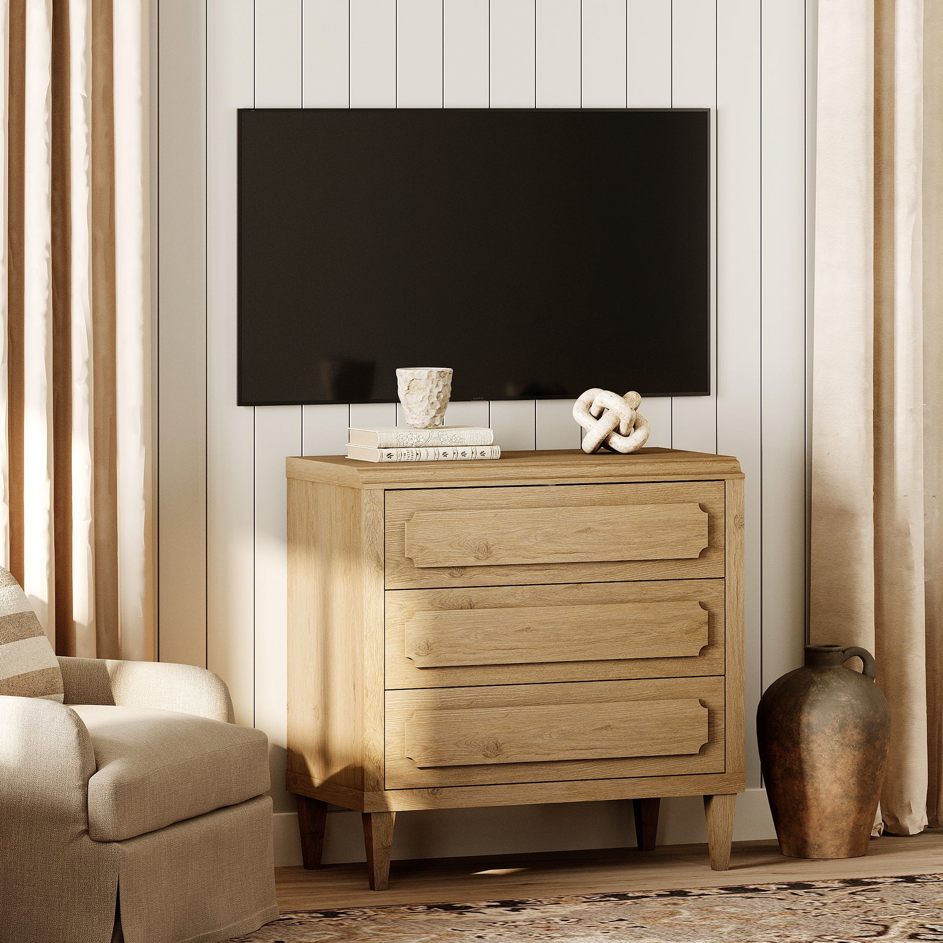 WAMPAT Large Wood Nightstand with 3 Drawers
