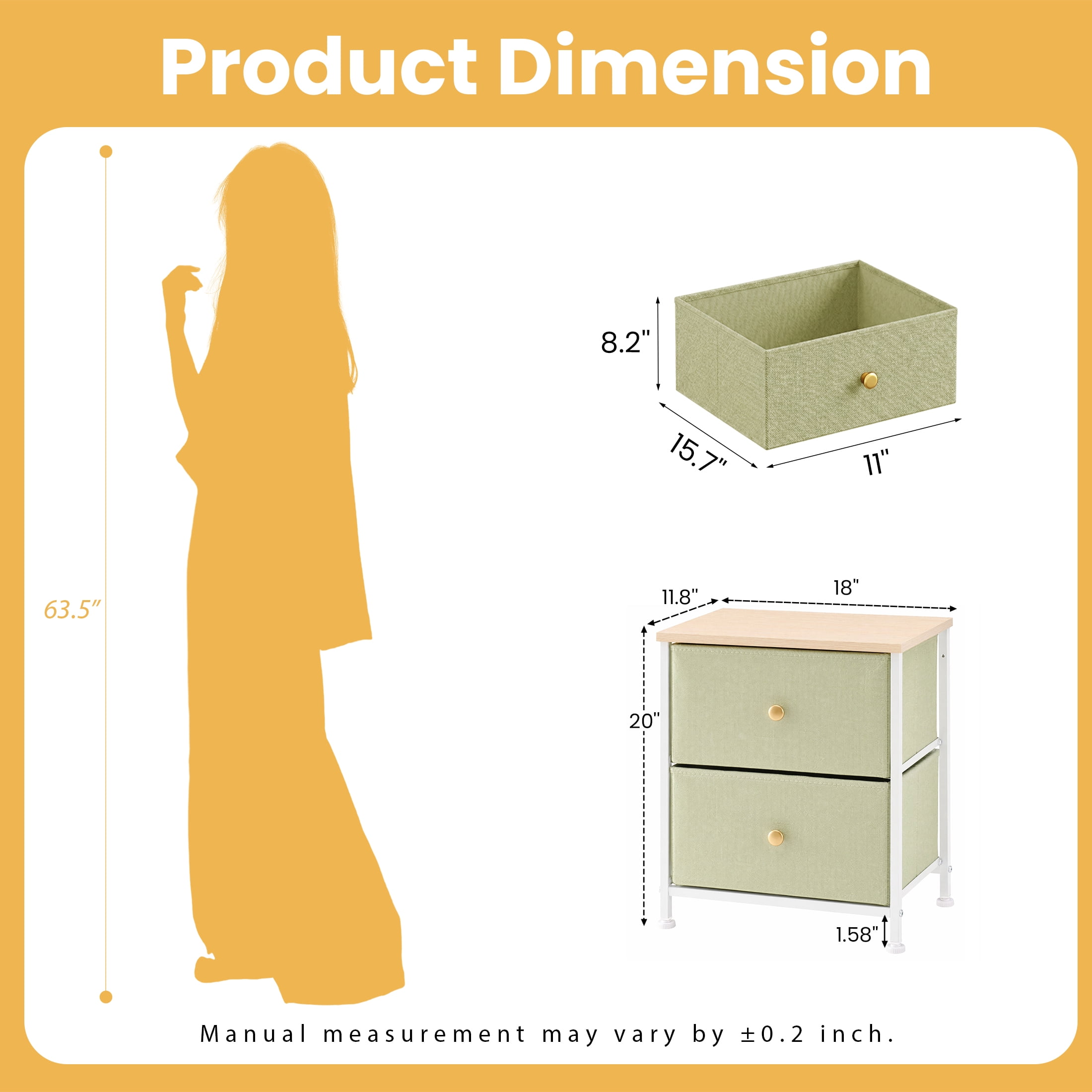 Double Drawer Bedside Table for Bedroom Living Room Storage