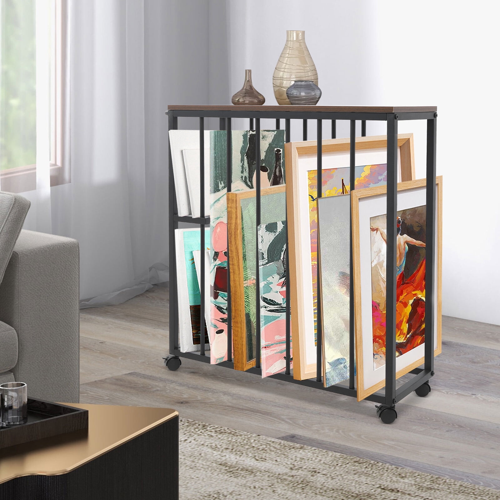 Black Painting Drying Rack Art Storage Rack Art Easel Display Stand w/ 4 Universal Wheels