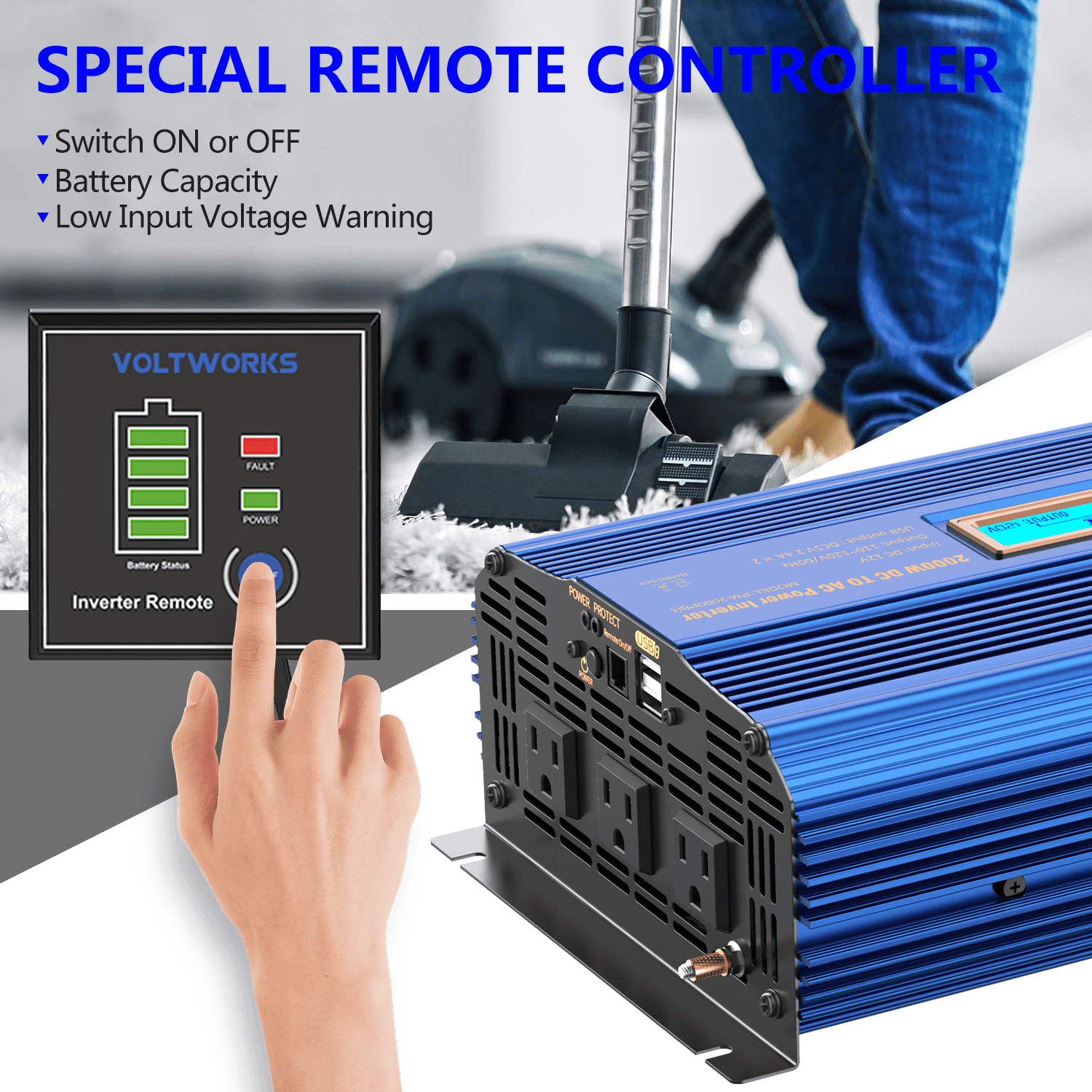 VOLTWORKS Power Inverter 2000Watts DC 12V to AC 110V 120V Modified Sine Wave Inverter with LCD Display Remote Control 2.4A USB for Car RV Truck Boat