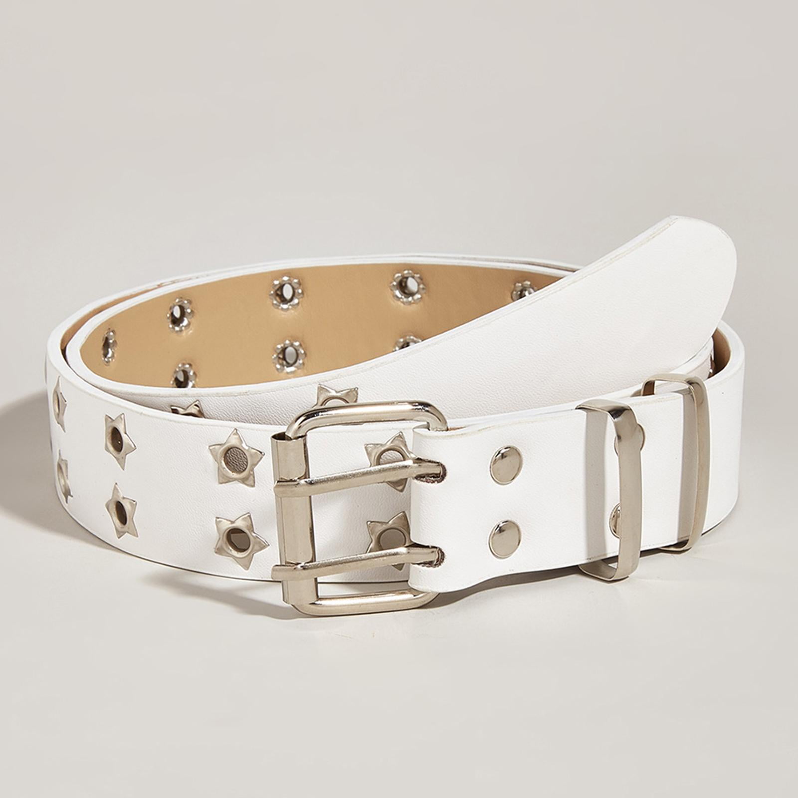 Double Grommet Punk Belt White Vegan Leather Studded Belt for Women Men Jeans White Star And Round Studded Belt – JAW DROP main image 3