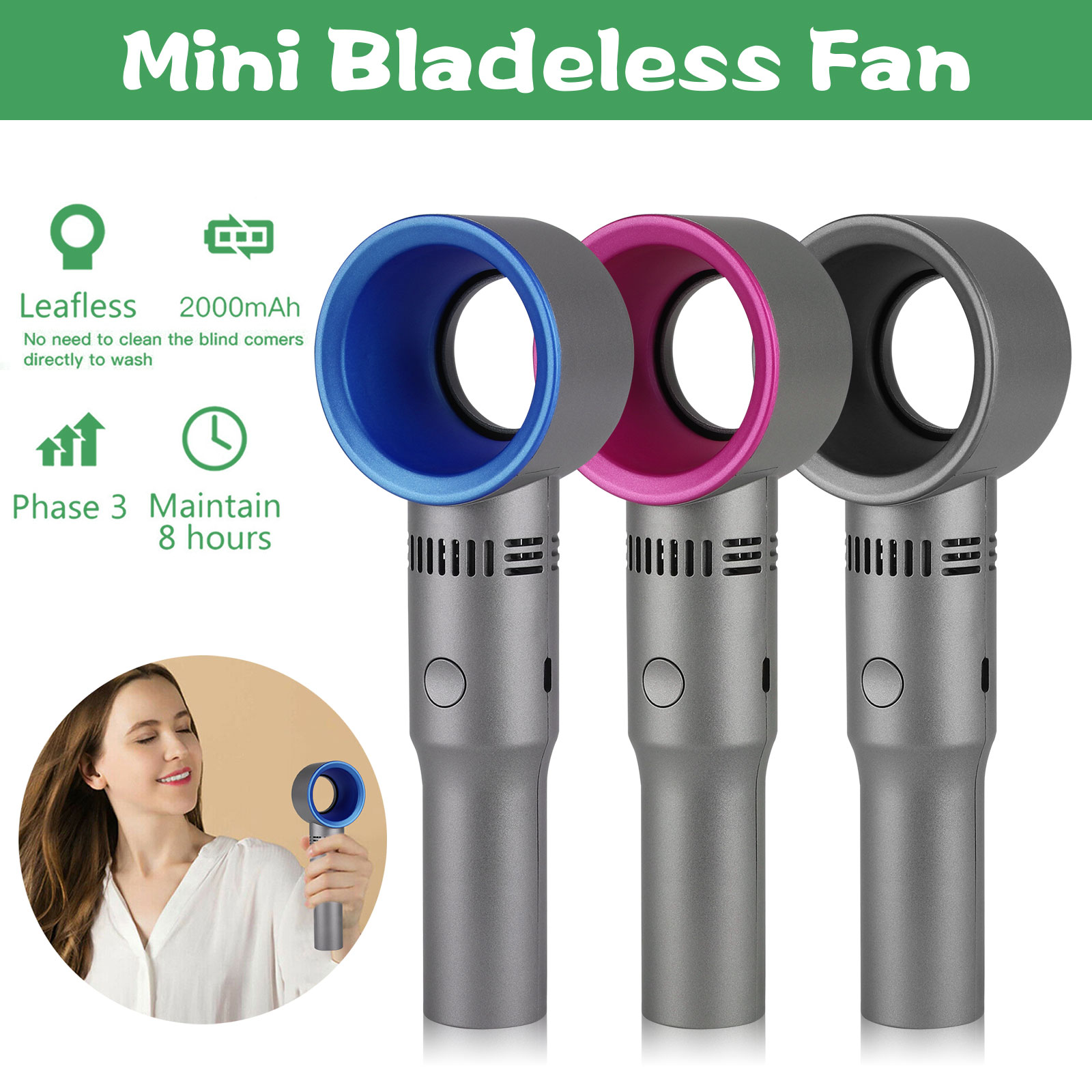 Bladeless Handheld Fan USB Rechargeable 3 Speeds Mini Cooler for Outdoor Travel