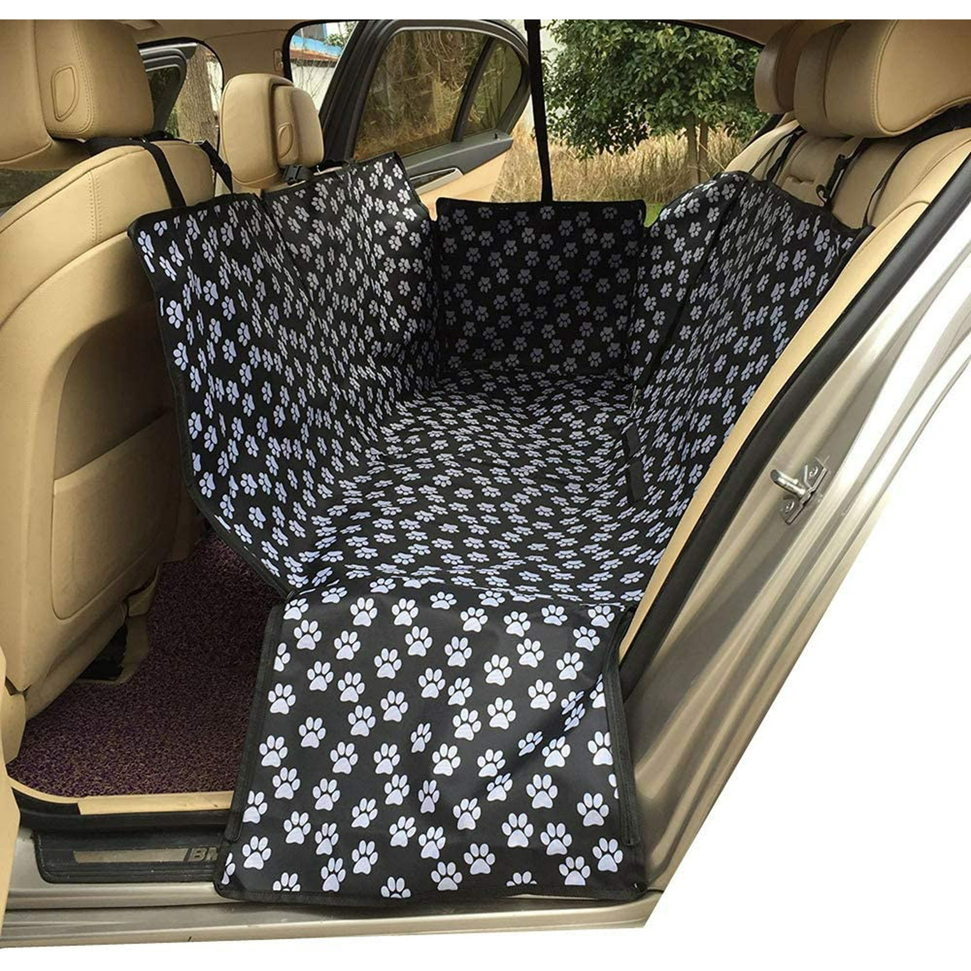 Dog Car Seat Cover Pets Hammock Convertible Cover 600D Heavy Duty Waterproof Backseat Covers with Side Flaps for Car SUV Truck Black Paw Prints Walmart