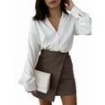 thumbnail image 3 of Women's High Waist Cute Bodycon Wrap Short Asymmetrical Hem Mini Pockets Skirt Brown M, 3 of 7