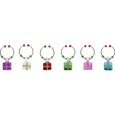Christmas Presents Gift Box Shaped Wine Charms Set of 6 Glass
