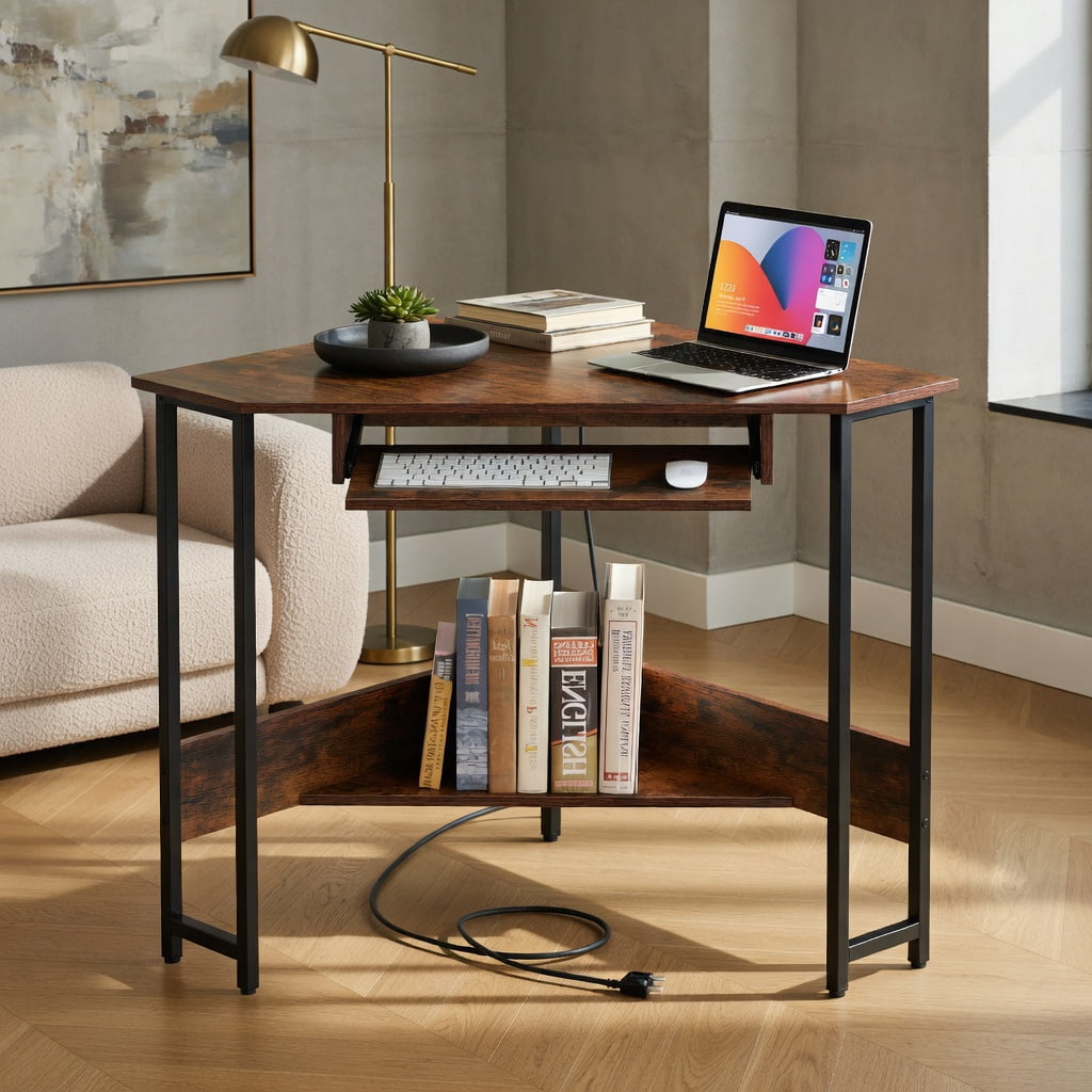 Demi Bonn Triangle Corner Desk with Charging Station Keyboard Tray and Storage Shelf, Small Home Office Desk Study Writing Table, Brown
