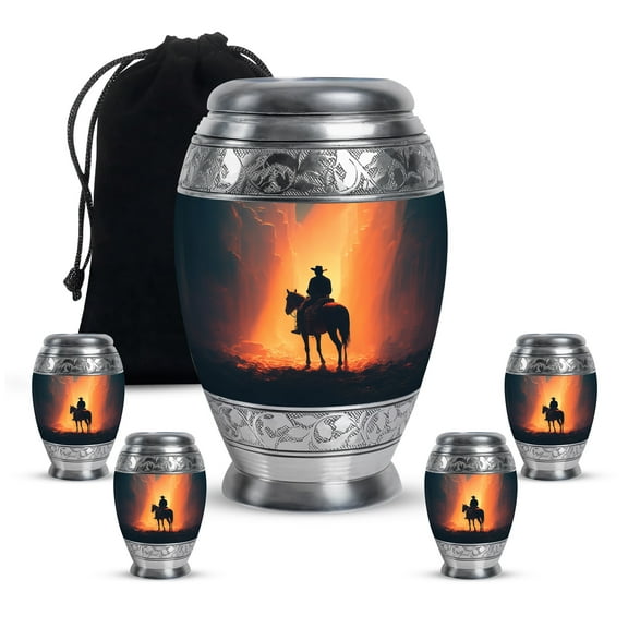 MUKTIVE Cowboys 5 Pcs Cremation Urns for Human Ashes Male - Orange Large Funeral Urn for Adult Ashes - Memorials & Funerary Ash Holders - Remembrance Gift for Loss of Mother (1 Large, 4 Keepsake)