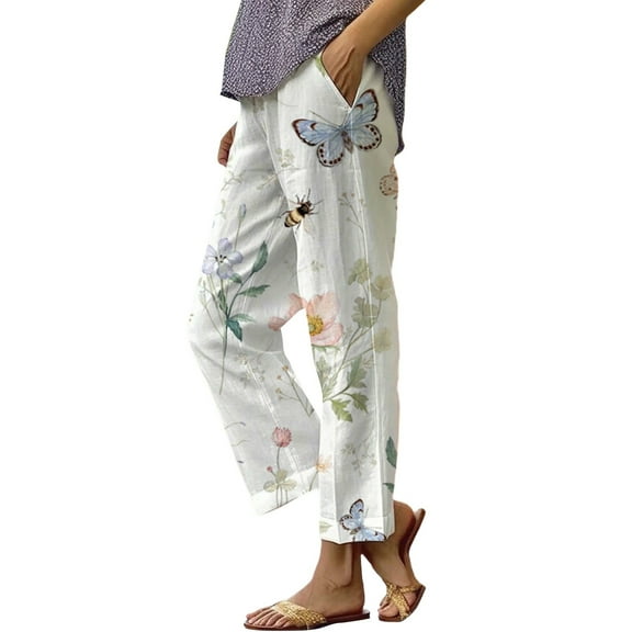 QIJUNTUO Women's Botanical Floral Loose Fit Casual Pants With Functional Side Pockets White