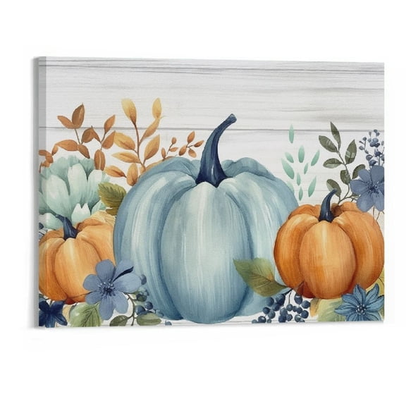 JRXY Blue White Pumpkin Wall Art for Living Room/Bedroom Canvas Bathroom Decor Kitchen Office Framed Oil Painting Picture Fall Thanksgiving Eucalyptus Leaves Flower 20x16 20x16in
