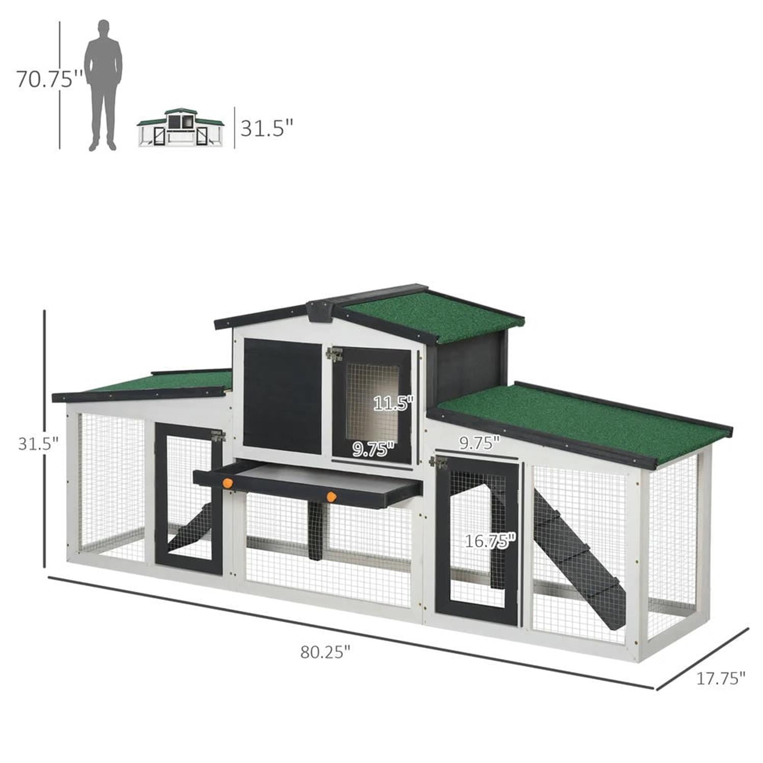 Kadyn 77" Wooden Rabbit Hutch with Double Side Run Boxes, Outdoor Small Animal Habitat Chicken Coop Bunny Cage for Bunnies, Guinea Pigs, Gray
