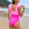 thumbnail image 4 of TTUHYWXI Womens Tummy Control Swimsuit V Neck One Piece Bathing Suits Lace-up Ruffle Swimwear (Pink, XXL), 4 of 9