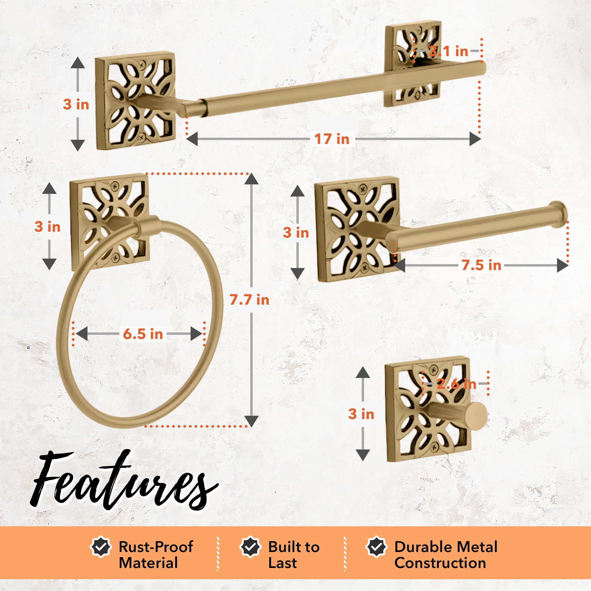 Autumn Alley 5 PC Gold Modern Bathroom Accessories Set, Wall Mounted - Towel Rack, Hand Towel Ring, Industrial Toilet Paper Holder, and 2 Towel Robe Hook for Bathroom Hardware Set