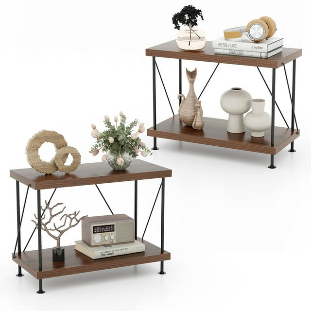 Gymax 2PCS 2-Tier Multipurpose Display Rack Freestanding Bookshelf w/ Metal Frame Walnut