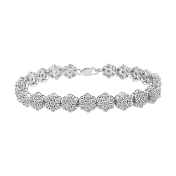 White .925 Sterling Silver 2.0 CTTW Diamond 7 Stone Floral Cluster Link Bracelet, I-J Color - I3 Clarity -7.25 in.