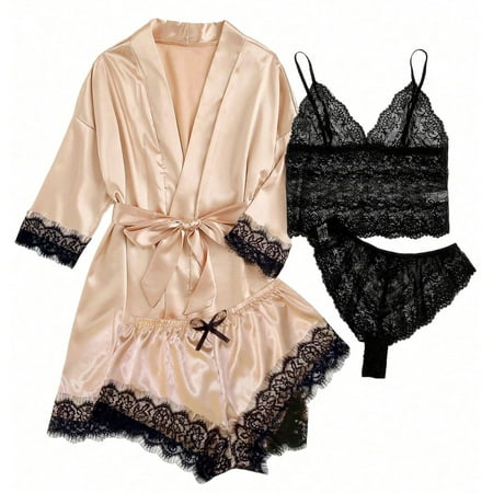 Levmjia Women s Pajama Sets Pajama Tops and Pajama Bottoms 4-Piece Women Sexy Garter Lingerie Set Robes Lace Bodysuit Deep-V Neck Underwear