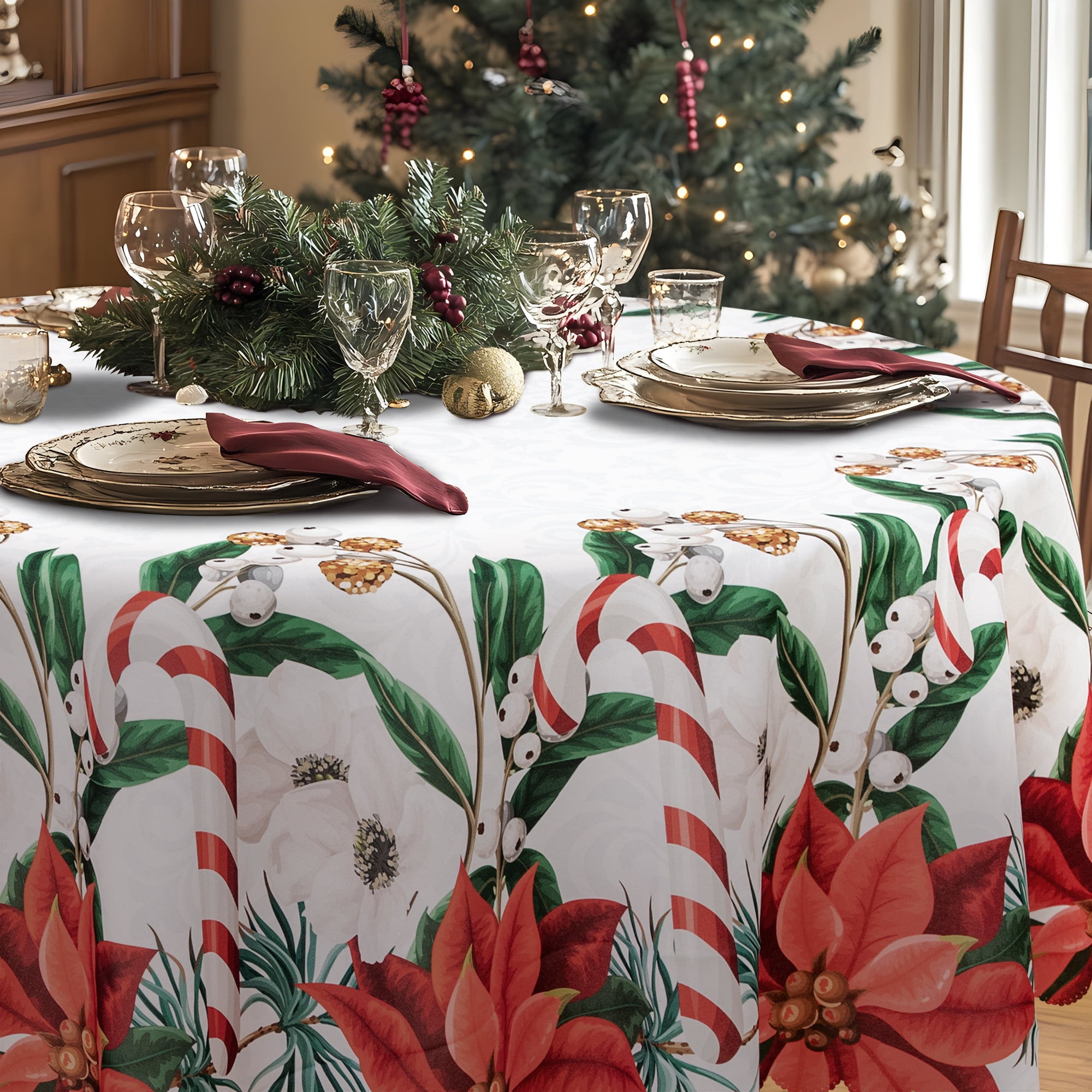 RAY STAR Polyester Christmas Tablecloth 60 inch Round Machine Washable Table Cloths, Thick Can not See Through Heavy Duty Tablecloth