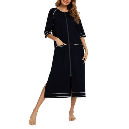 

Lumento Women Pajamas Zipper Front Nightgown Full Length Lounge Dress with Pockets