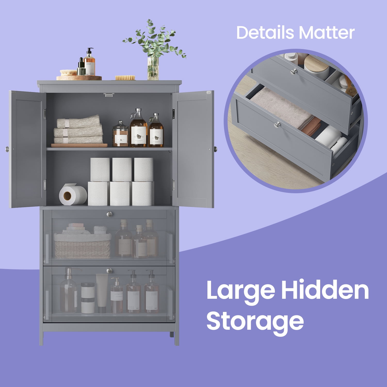 LEDREM Bathroom Floor Storage Cabinet, Freestanding Cabinet with 2 Doors 2 Drawers, for Kitchen Living Room Small Spaces, Dove Gray