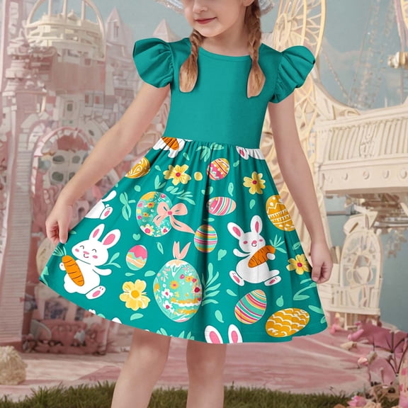 ATOGUTA Kids Dress Ruffle Sleeve Easter Dresses Girl Long Midi Springs Dress Kids Smocked Flare Summer Dress Size 3T-14. Green