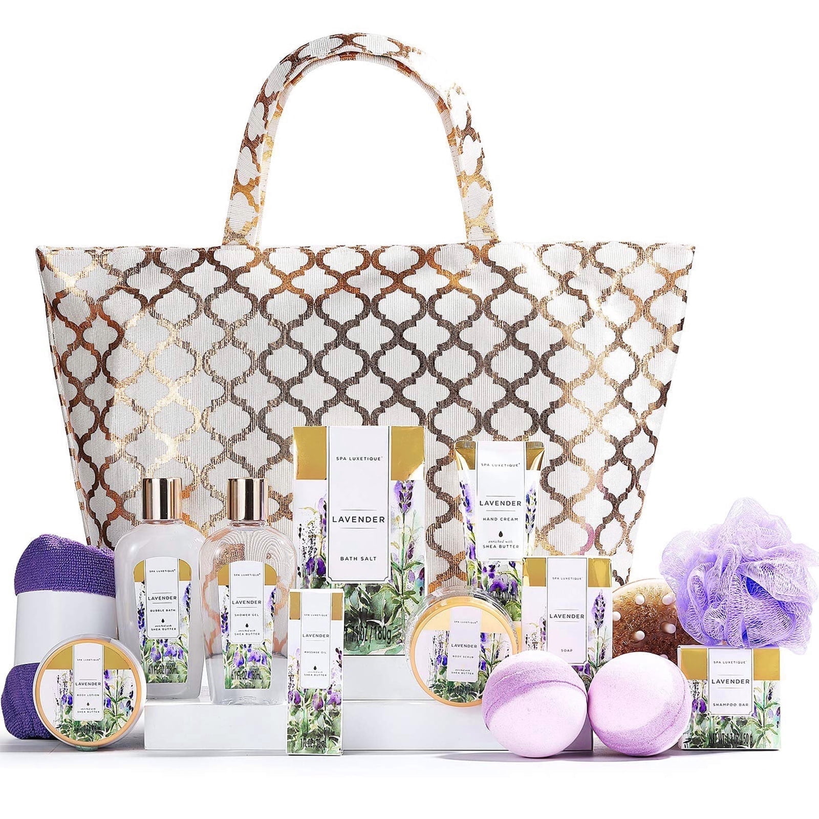 Spa Luxetique Bath Gift Sets for Women with Tote Bag, 15 Pcs Luxurious Lavender Spa Baskets for Her Self Care Relaxing Holiday Birthday Gifts for Mom