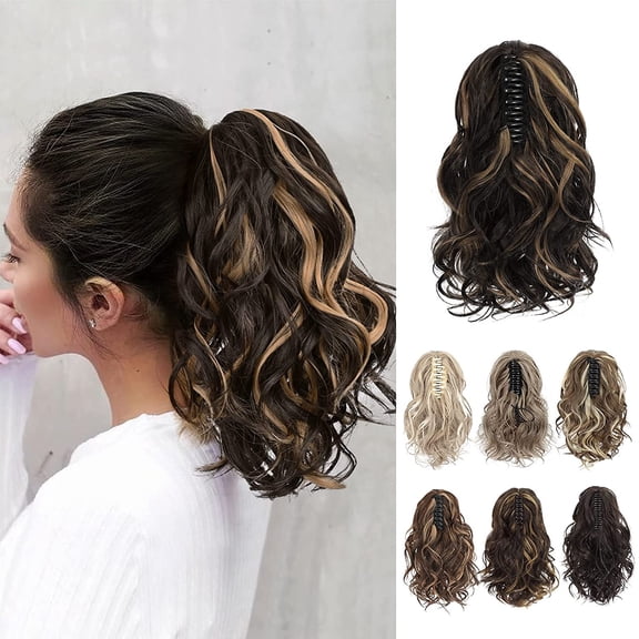 Ponytail Extension, Claw Clip in Ponytail Hair Extensions 10 Inch Short Curly Ponytail Natural Wavy Synthetic Hairpiece for Women Daily Use - Black Brown with Light Blonde Highlights