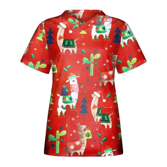 FGVCTG Christmas Print Women Scrub Tops, V Neck Short Sleeve Double Pocket Uniform Shirts Soft Breathable Casual Work Blouse For Nurse Care Workers Green 2XL